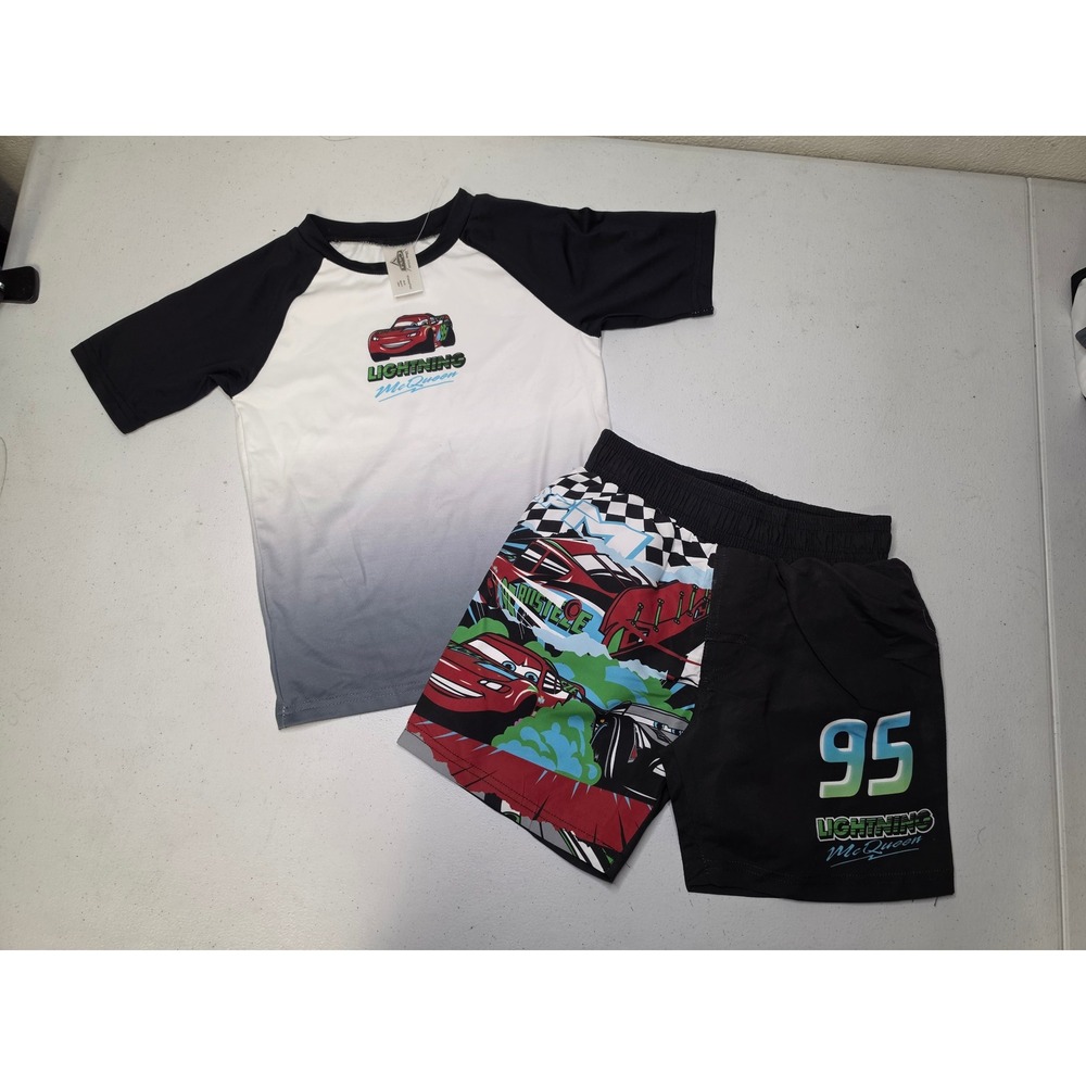 Mad Engine Disney Cars Lightning McQueen Swim Set Rash Guard Trunks Boys 4 XS